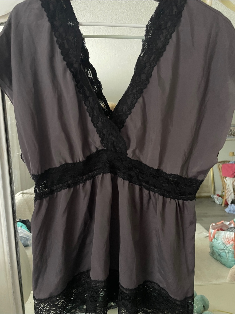 Charlotte Russe Gray Chemise with Black Lace Trim